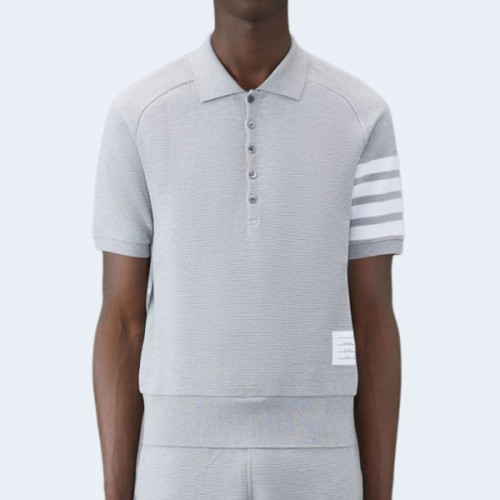 톰브라운 라이트 그레이 코튼 오토맨 립 4-바 카라티셔츠