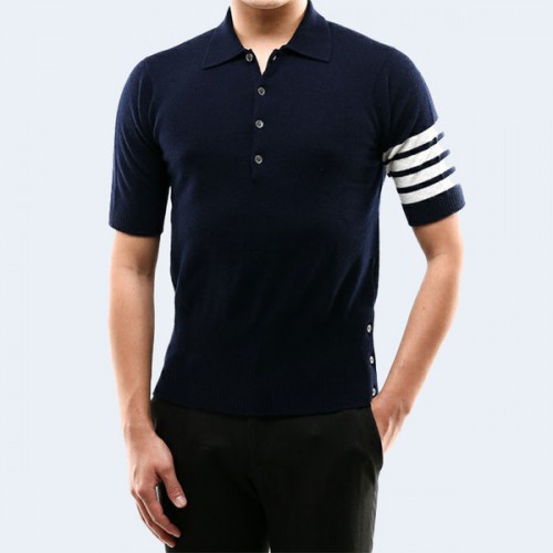 톰브라운 네이비 코튼 오토맨 립 4-바 카라티셔츠